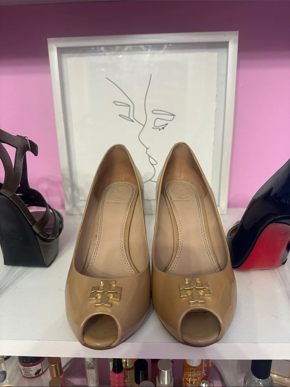 Tory Burch Nude Patent Peep-Toe Flats with Gold Logo
